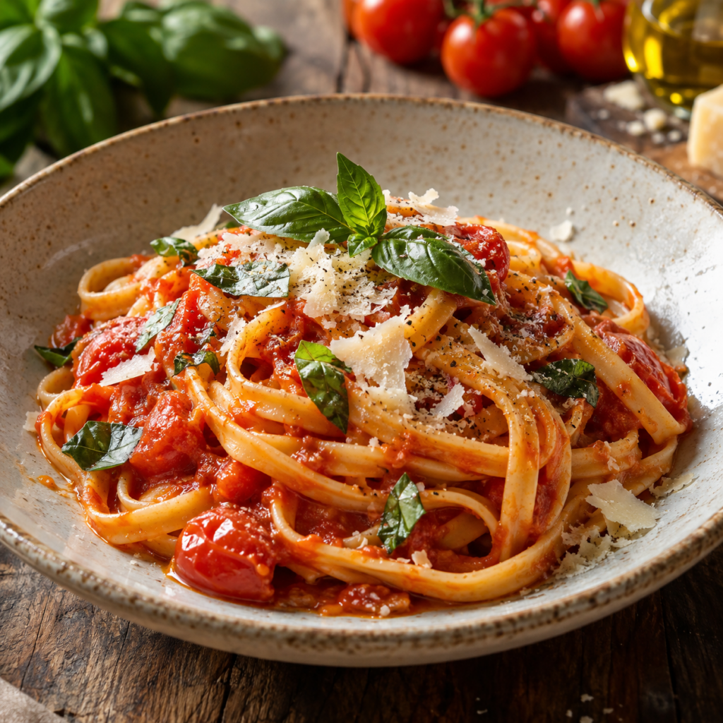 rustikale pasta mit tomaten, basilikum und parmesan